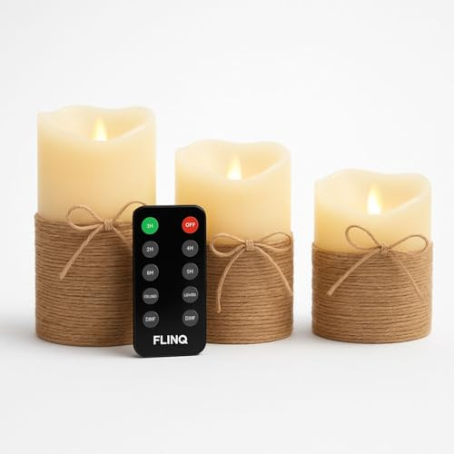 FLINQ LED Kerzen mit Bewegender Flamme & Seil - 3er Set Echtwachs | Dekokerzen mit Fernbedienung, Timer & Dimmfunktion - Flackernde Flamme - Batteriebetrieben