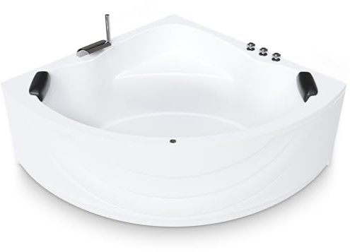 AQUADE Acryl Eckbadewanne 150x150 Modell: Kassel - Weiß Badewanne Komplettset 150x150 - Badewannen Mit Wannenfüßen + Schürze + Wannenrandarmatur + Nackenkissen + Led