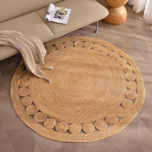 ZYFAB Tejido a Mano Redondo Jute Area Rug Alfombras Trenzadas Redondas para Boho Decoración del hogar Salón Cocina Natural Decoración Alfombra moqueta,Marrón,100CM
