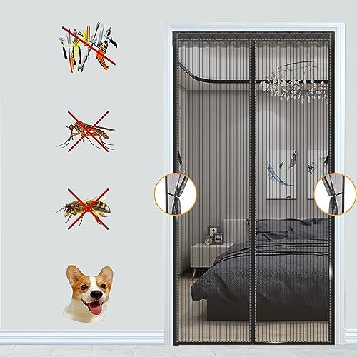 Fly Screens for Doors, Hixingo Door Fly Screen Curtain, Easy to Install Fly Curtains for Doors, Semi-Translucent Door Fly Screen, Lets Fresh Air in Keeps Bugs Out (150x240cm,Black Stripe)
