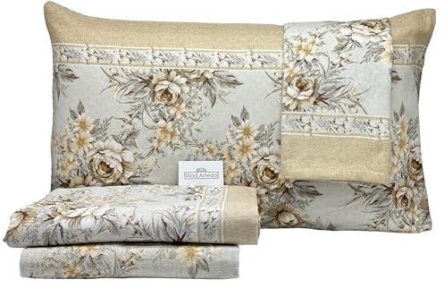 Riad Arredo Set Completo Letto in Flanella 100% Caldo Cotone Antipalline - Completo Lenzuola Morbide - Made In Italy (Roses Beige, Una piazza e mezzo)