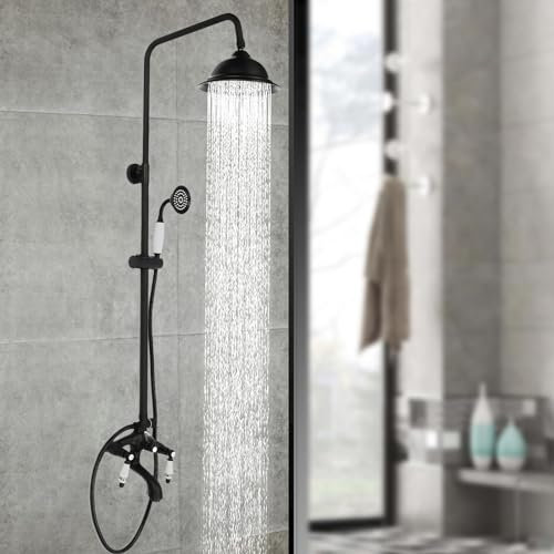 Duschsystem Retro Duscharmatur mit Regendusche Schwarz Duschamaturenset, Verstellbare Duschsäule, Drei Wasseraustrittsmodi, 150cm Schlauch, Dusche Regendusche Set für Häuser, Hotels, Fitnessstudios