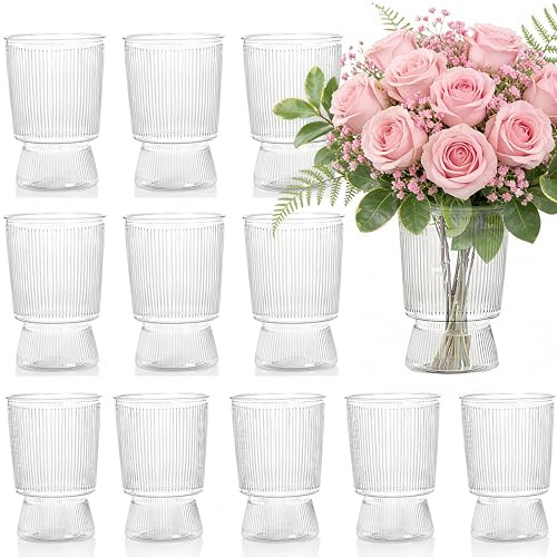 Tlence 12 Pack Clear Plastic Flower Vases, 6.3 Small Ribbed Fluted Glass-Like Vase, Decorative Modern Ripple Hydroponic Plant Vase with Base for Table Centerpieces Home Decor Wedding Decoration