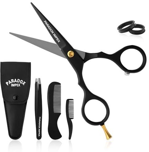 PARADOX IMPEX 5” Beard and Mustache Scissors, German Stainless Steel Beard Scissors Come with 1 Tweezers, 1 Beard Comb, 1 Mustache Comb and Pouch, Hair Scissors for All Facial Hairs. (Black)