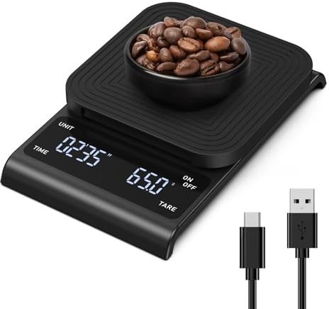 Ankilo Digital kaffevåg med timer, 3 kg/0,1 g espressovåg med hög precision, uppladdningsbar precisionsvåg med bil-Tara, köksvåg med stor HD LED-skärm, svart