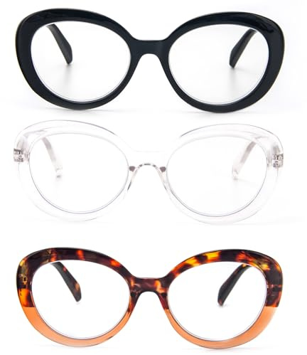 KoKoBin 3 confezioni di occhiali da lettura da donna vintage oversized, lettore di anti-luce blu computer alla moda (Nero/marrone leopardato/trasparente, 2, x)