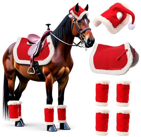 Weihnachtskostüm Pferde zubehör zum Tragen：Stück Weihnachts-Schabracken Weihnachtsdekorationen Santa-Leg-Wraps mit Faux-Fell EIN fröhliches weihnachtsmütze für reithelm und Western-Schabracke (SDM-2)