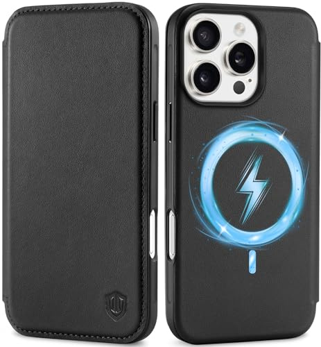 SHIELDON Case for iPhone 16 Pro Max 6.9, Genuine Leather Slim Wallet [Card Holder][RFID Blocking] Shockproof Magnetic Wireless Charging Flip Cover Compatible with iPhone 16 Pro Max 2024 - Black