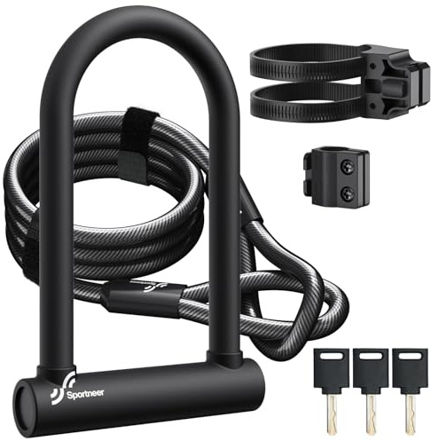 Sportneer Bike Lock, 18mm Heavy Duty Bike U Lock Plus Size with 6Ft/1.8M High Security Steel Cable&Adjustable Mounting Bracket&Key Anti Theft Secure Locks for Bikes, E-Bikes, Motorbikes, 7.8 x 4 in