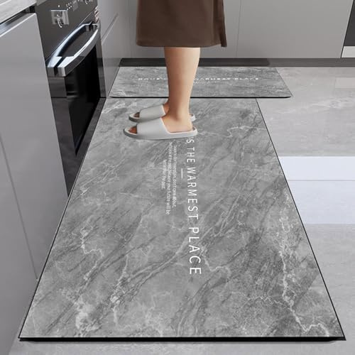 Hixingo Tapis et Cuisine Antidérapant, Diatomite Élégant, Absorbant Tapis de Bain et Vaisselle (60x120cm, Marbre Gris)