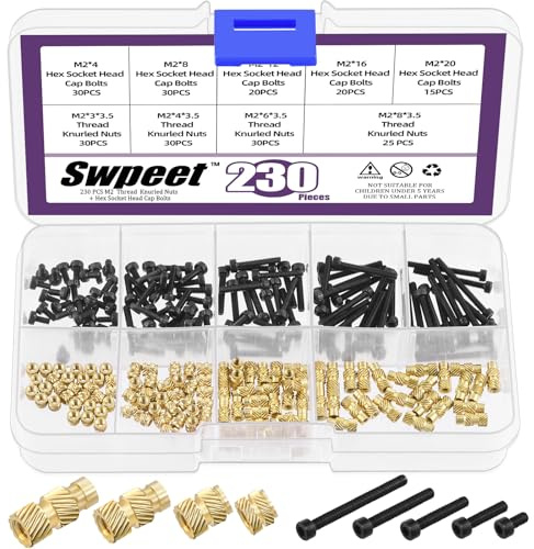 Swpeet 230Pcs sortierte M2 12.9 legierte Stahl-Sechskantschrauben und Messing-Gewindeeinsätze Sortiment-Kit, schwarz verzinkte Sechskantschrauben Maschinenschrauben, Messing geknöpfte Muttern