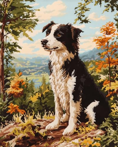N.LANSHAN Diy Knüpfen Set Teppich Knüpfkissen-Set Mit Border-Collie-Tiermotiv，Hund Im Wald，Diy-Knüpfteppich-Set Für Anfänger，Unfertiger Häkelteppich，Stickteppich 100x140cm