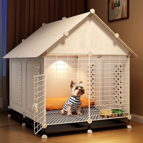 Hundelaufstall für Welpen in Wohnung & Kleintiergehege | Verriegelbare Tür, Fernbedienungslicht, Bodengitter mit 4 Schubladen | Eisen+PP 71x71x91 cm