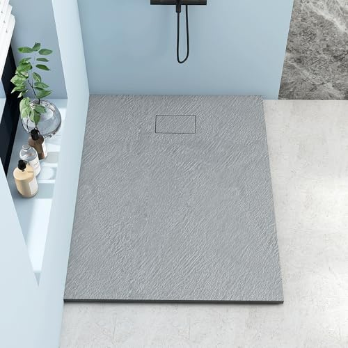 MEDUNJESS Duschwanne 120x90 cm SMC Flache Antirutsch Schieferoptik Duschtasse, 26mm Zuschneidbare Brausewanne mit SMC Deckel, Ø 90mm Ablauföffnung Grau (ohne Siphon)
