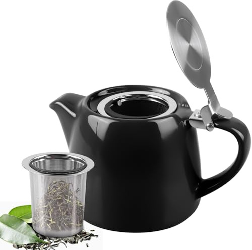 Tetera con colador, tetera de cerámica de 500 ml, con colador de té de acero inoxidable extraíble, Teapot Ceramic para el hogar y la oficina, perfecta para té suelto, medio vasos, color negro