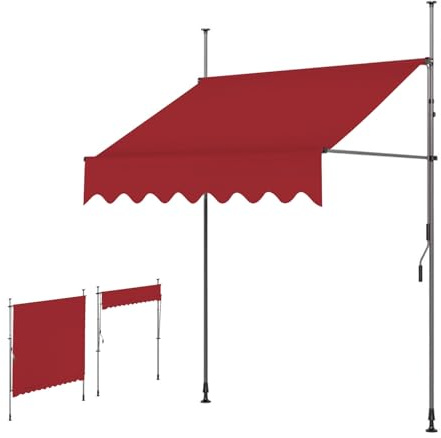 Verstellbare einziehbare Markise für Balkon – 4 m roter Sonnenschutz mit Kurbel, ohne Bohren, Klemmmontage, perfekt für Terrasse und Terrasse, Höhe und Winkel verstellbar
