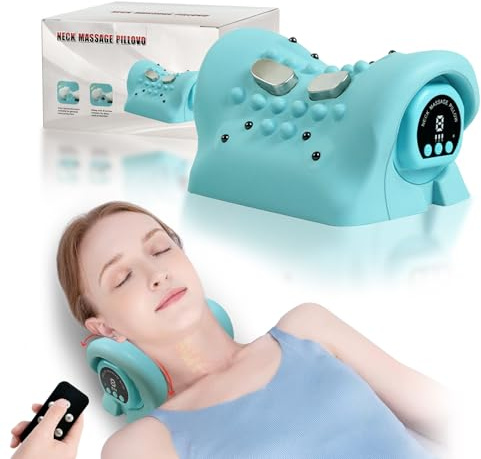 EMS Nackenmassagegerät Elektrisch Massagegerät Nacken mit Wärme und vibration, Entspannungskissen Kabelloses Nacken Massagegerät mit 3 Modi, 6 Einstellbare Frequenzen