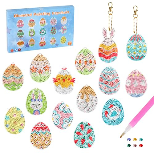 VeLoscient Diamond Painting Ostern Set 15 Stück, DIY Ostereier Diamant Painting Kinder Schlüsselanhänger, Diamant Malerei Anhänger Ostern Kinder DIY Bastelgeschenke Geschenk