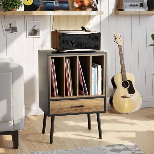 Kiasthome Soporte para tocadiscos negro con caja de almacenamiento y cajón, armario de almacenamiento de discos de vinilo, mesa auxiliar para tocadiscos con patas de madera maciza, para sala de estar
