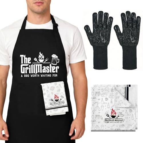 Bafeil The Grill Master, set di grembiuli da barbecue da uomo, con guanti in silicone resistenti al calore e panno in microfibra, regalo per la festa del papà, compleanno, grigliata per papà, marito