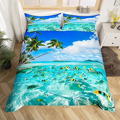 Feelyou Summer Beach Duvet Cover Set King Ocean Bedding Set Hawaiian Palm Trees Marine Sea Waves 3D Printed Fish Comforter Cover Microfiber with 2 Pillow Shams, Blue, Zipper, 3 Pcs