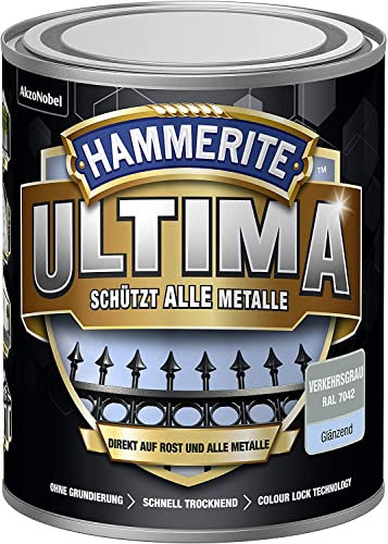 Hammerite Ultima Glänzend, Metallschutzlack, Hochwertiger Schutzlack für alle Metalle im Außenbereich, Verkehrsgrau RAL 7042, 750 ml