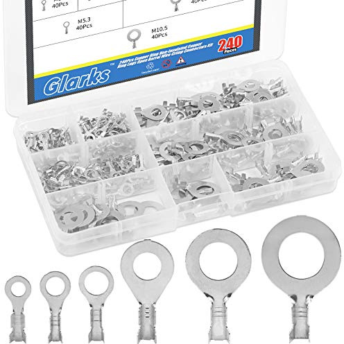 Glarks Kupfer-Ringklemmen-Sortiment, nicht isoliert, Kupferring-Ösen, offener Zylinderdraht, Crimpverbinder-Set, 240 Stück