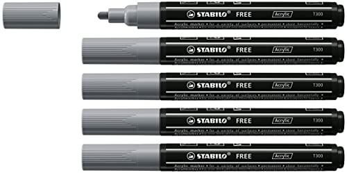 STABILO - Acrylmarker - FREE Acrylic - T300 Rundspitze 2-3mm - 5er Pack - dunkelgrau | Packung mit 5 Stück, Dunkelgrau