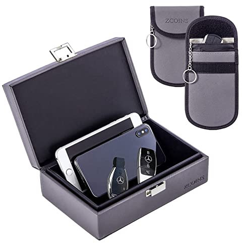 Autoschlüssel Signalblocker & 2 Dual-Layer Pouches Value Bundle, Extra Large 21 x 13,5 x 7 cm Faraday Box für Autoschlüssel, Anti-Diebstahl Faraday Cage for Car Security, Grau
