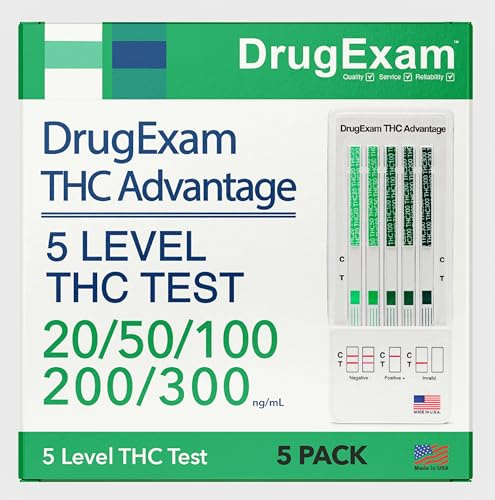 DrugExam THC Advantage Made in USA-Mehrstufiges Marihuana-Urintest-Kit, Hochempfindliches THC-5-Stufiges Drogentest-Set, Erkennt Bei 20 Ng/ml, 50 100 200 Ng/ml Und 300