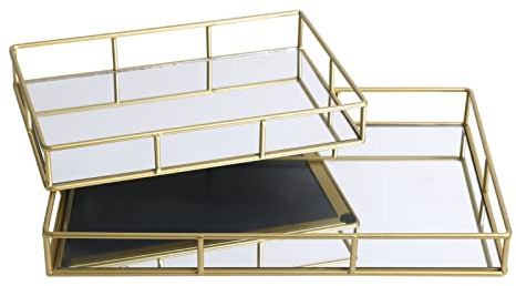 Mirror Tray Gold Decorative Mirrored Glass Tray Metal Perfume Vanity Dresser Tray Jewellery Cosmetics Organiser Candle Tealight Plate Display Tray Drinks Tray, Set Of 2 (Rectangle)