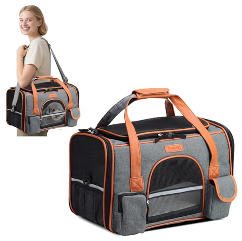 PETCUTE Transportbox Katze und Hunde,Katzentransportbox mit Abnehmbare Matte,Faltbare Atmungsaktiv Katzentasche mit Reflektierender Streifen,Verstellbarer Schultergurt,Airline Genehmigt