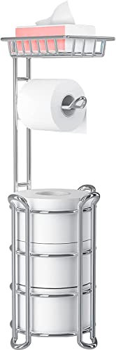 Upgrade Toilet roll Holder Free Standing, Chrome Freestanding Toilet Paper Roll Holders with Shelf, Toilet Tissue Holder for bathroom