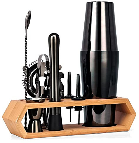 Juego De Coctelera Boston, Juego De Barman De Oro Rosa De 10 Piezas Con Soporte De Bambú Rómbico Para Bebidas Mixtas Martini Home Bar Tools,Negro,B