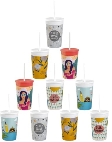 Engelland 10 x Kunststoffbecher mit Deckel und Strohhalm, BPA-frei, Bunte Mischung, Trinkbecher, Party-Becher, Plastik, Trink-Gläser, Mehrweg 0,33l