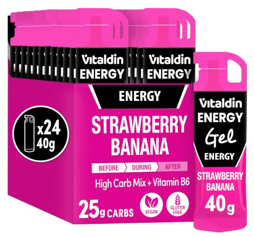 VITALDIN SPORT Energy Gel Erdbeer Banane ohne Koffein - 24x40 g | Energiegel mit Vitamin B6 ohne Koffein; Schnelle Energie & Allmähliche Freisetzung; Running & Radfahren; Erdbeer-Banane.