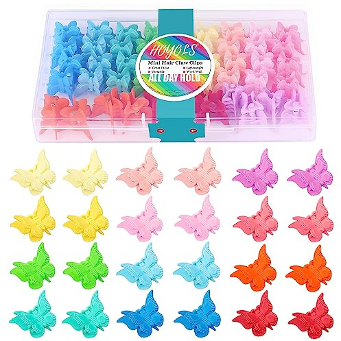 HOYOLS Schmetterlings Haarclips, Süße Y2K Mini Krallenclips für Teens | 48 Stück in 12 Matten Bonbonfarben, Haaraccessoires im 90er-Stil für Zöpfe, Festivals, Kawaii-Ästhetik, Rutschfester Halt