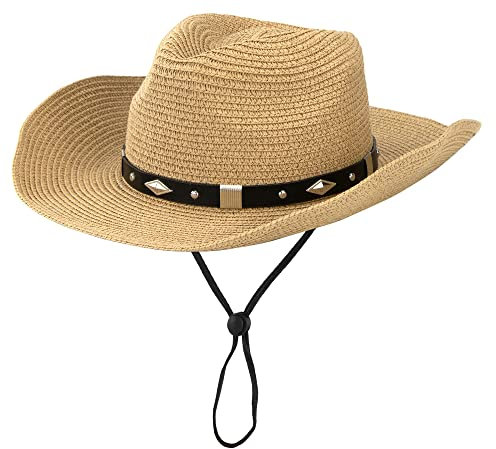 Cowboyhut aus Stroh für Damen und Herren, Western-Sonnenhut mit breiter Krempe, Sommergürtel, Cowgirl-Hüte (Größe M), Khaki mit Nietengürtel, Einheitsgröße