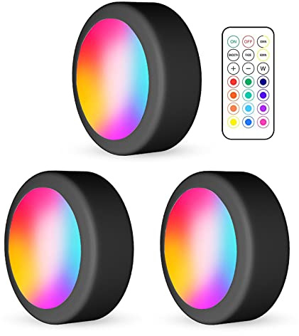 WUYOR 3 Stück Schrankbeleuchtung mit Fernbedienung, RGB 13 Farben LED Spots | kabellos unterbauleuchte batterie, dimmbare, timer, led vitrinenbeleuchtung puck lights für küche kleiderschrank