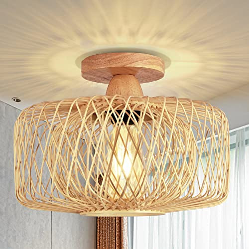 FRIDEKO HOME plafonnier salon, plafonnier vintage boho avec abat-jour en rotin,lampe suspendue rustique pour chambre cuisine couloir table à manger