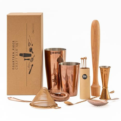 A Bar Above 14-teiliges Bastelset aus antikem Kupfer - Barzubehör für das Hausbar Set - Barkeeper-Set mit Boston Shaker, Messbecher, Stößel, Löffel, Siebe und Plektren