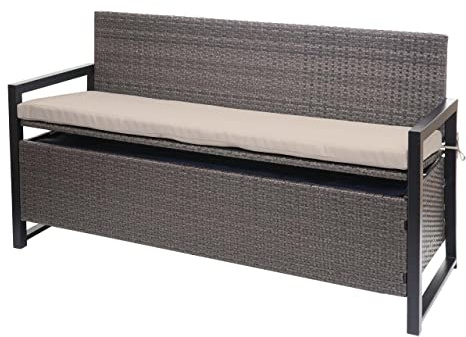 Mendler Poly-Rattan 3er Sitzbank HWC-F39AM, Gartenbank Truhenbank, Staufach Aufbewahrung Sitzkissen - grau-meliert, Kissen beige | Gartenbank, Truhenbank, Staufach, Aufbewahrung, Sitzkissen