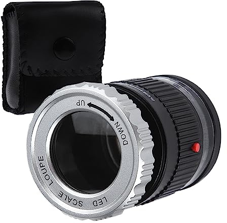 LED Scale Loupe 10X Jewelry Magnifier, Adjustable Focal Length Magnifier, Foldable Jewellers Loupe Magnifying Glass for Textile Optical, Embroidery, Circuit Board, Coins, etc