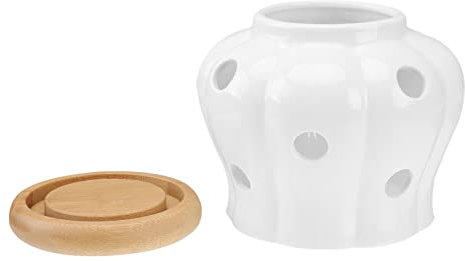 TOPBATHY Barattolo in Ceramica Rotondo Con Coperchio in Bambù Per Conservazione Aglio e Radice Aromatica Contenitore Ermetico Ventilato Per Cucina Facile Da Pulire e Compatto
