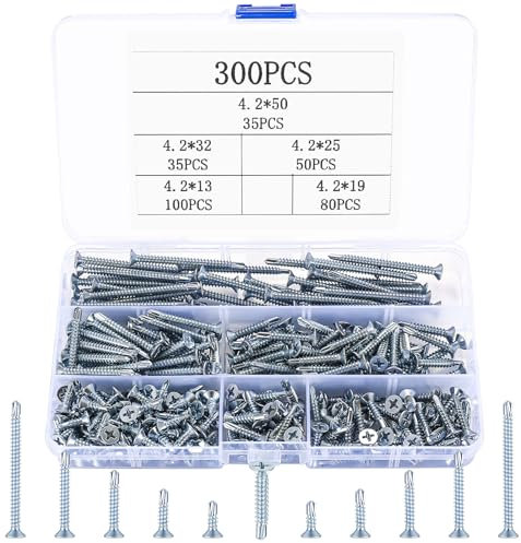 Lot de 300 vis autoperceuses M4.2 en acier inoxydable M4.2 Vis autoforeuses à tête fraisée cruciforme Vis métalliques pour fixation de tôle