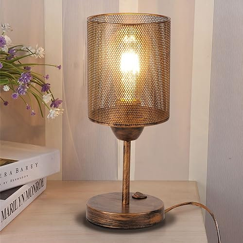 TWSXTE E27 Lámpara de mesa de metal industrial, lámpara de escritorio rústico con pantalla de jaula, Vintage Edison lámpara de cabecera para la sala de estar, con Interruptor (Sin Bombilla)