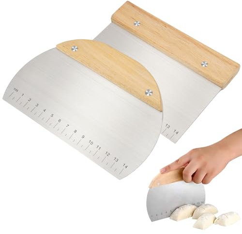 2 Stück Teigspachtel mit Holzgriff, Tigschaber Edelstahl, Teigschneider mit Messskala, Teigkarte Edelstahl, Dough Scraper Halbkreisförmiger und Rechteckiger, Schneiden von Teig, Pizza, Kuchen