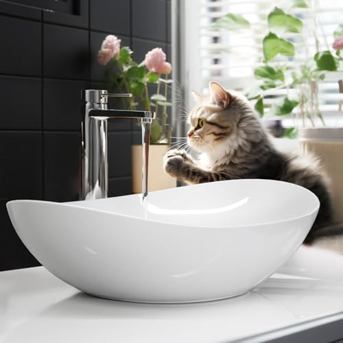 EMKE Vasque à Poser Ovale 61,9 x 36 x15,7 cm, Blanc Brillant | Lavabo en Céramique Sans Trou de Robinet, Grande Vasque Forme Barque pour Mitigeur Haut ou Mural (Sans Robinet ni Bonde)