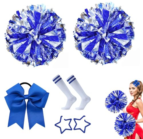 Cheerleading Pom Poms,5 Stück Cheerleader Bunte Pompons Handblume,2 Pompoms + Haarband+1 Paar Kniestrümpfe+Metall-Stern-Haarspangen, für Sport Cheers, Tanz Abendkleid Nachtparty