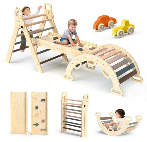 BlueWood Pikler Triangle Set 7in1 Foldable Baby Climbing Toys Wooden Montessori Climbing Set with Arch&Ramp&Ladder Baby Climber Indoor Jungle Gyms for Toddlers Montessori Toys - Mauve Pink